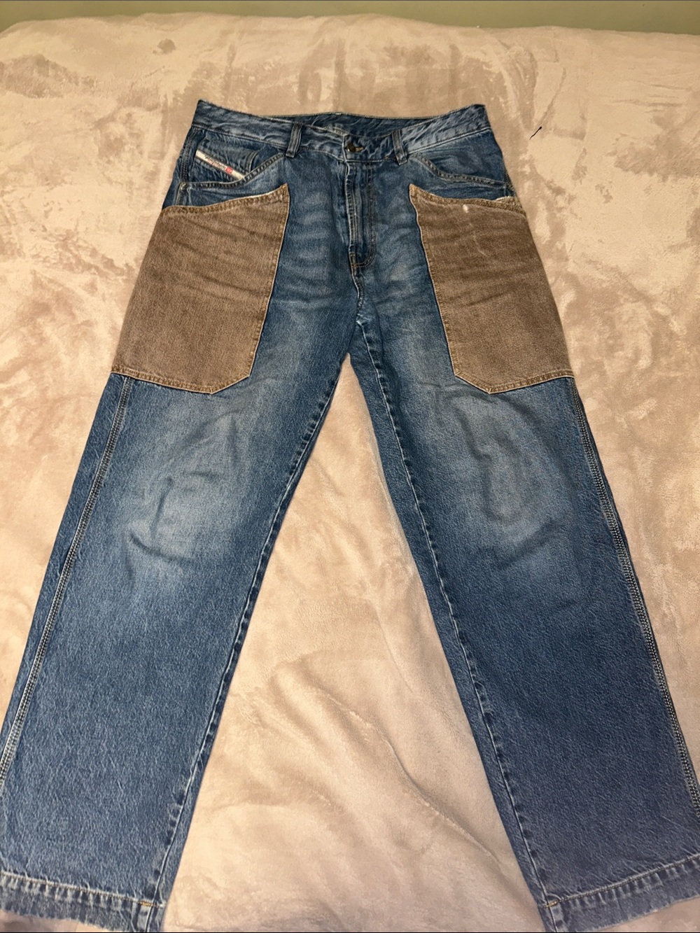 Diesel Two-Tone Blue Denim Jeans with Brown Patch Pockets